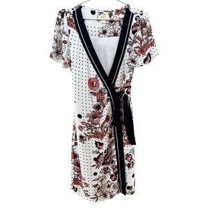 MAEVE by ANTHROPOLOGIE‎ Aubrey Floral Faux Wrap Dress • 6 • white, black, pink